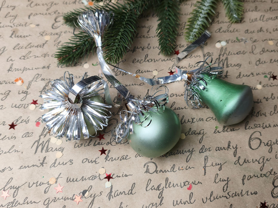 Vintage Frosted Glass Ornament Set – Purple & Green GDR