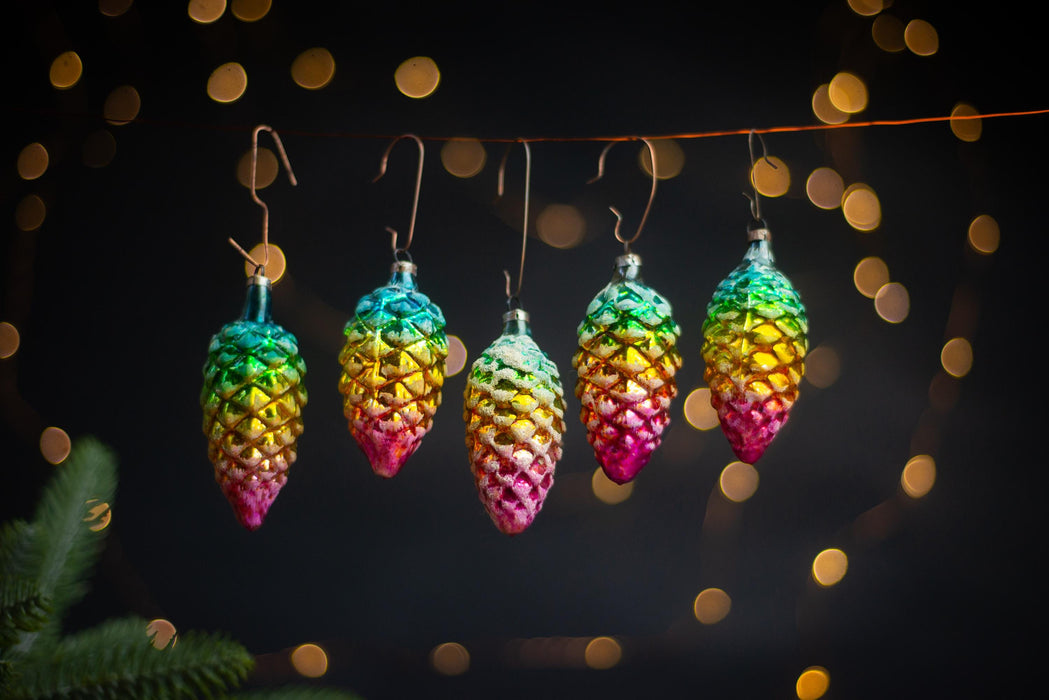 Vintage Rainbow Pine Cone Ornaments, GDR 1960s Thin Glass Set