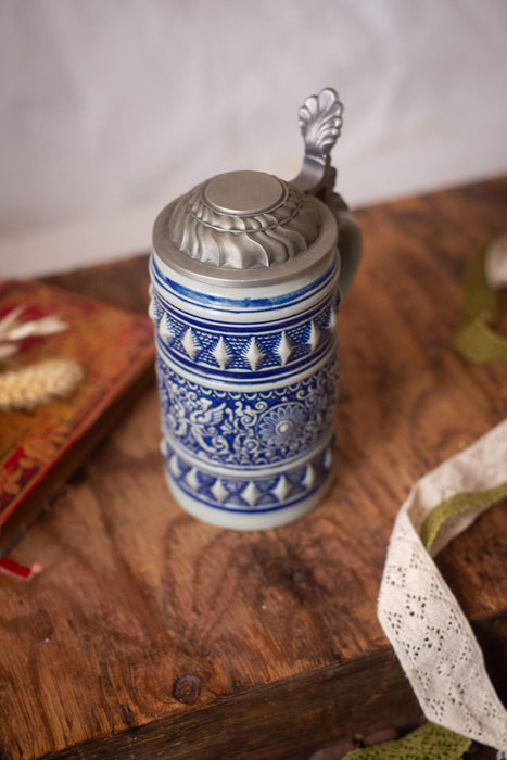 Vintage Bavarian Beer Stein Blue Ceramic German Mug with Pewter Lid