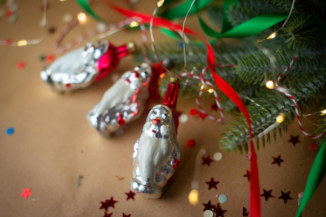 Vintage Glass Gnome Ornament, 1960s Silver & Red Soviet