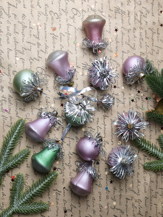 Vintage Frosted Glass Ornament Set – Purple & Green GDR