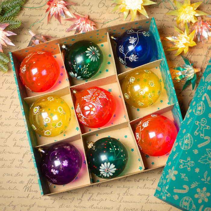 Vintage Transparent Glass Christmas Ornaments, Large Indent Baubles Set