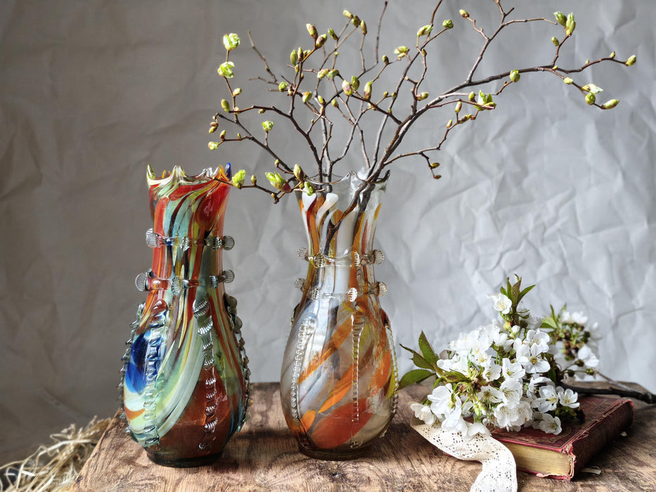 Murano Style Glass Vase, Hand Blown Colorful Mid Century Art Vase Decor
