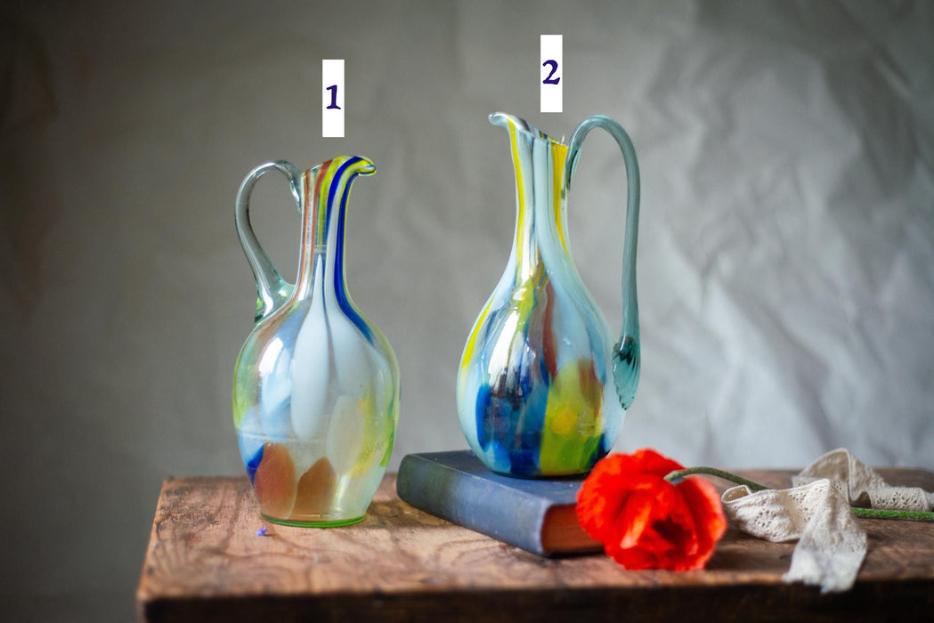 Green Murano Style Glass Pitcher – Vintage Art Jug, MCM Breakfast Table Serving Carafe, Water or Wine Jug