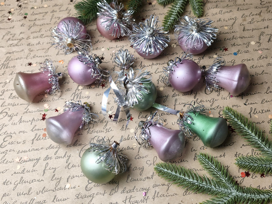Vintage Frosted Glass Ornament Set – Purple & Green GDR