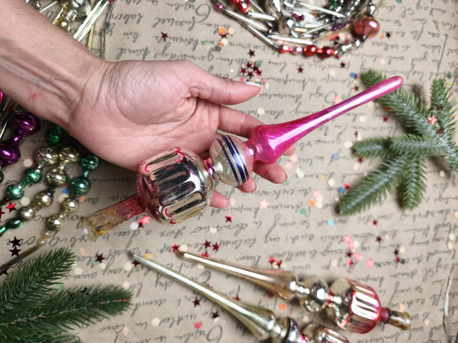 Vintage Silver & Pink Glass Finial Tree Toppers – 1960s