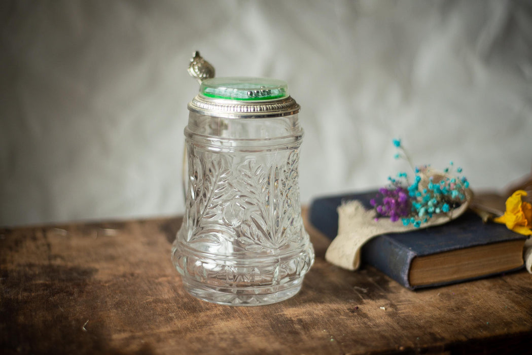 Vintage Glass Beer Mug with Game Lid, German Stein Tankard Barware