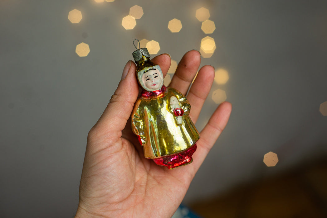 Vintage Girl Glass Ornament, 1960s Soviet Christmas