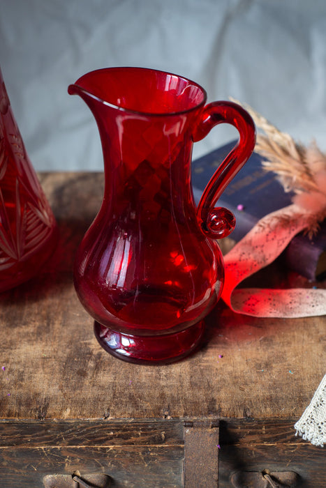 Vintage Ruby Red Glass Pitcher, Czech Crystal Hand Cut Mid Century Water Jug