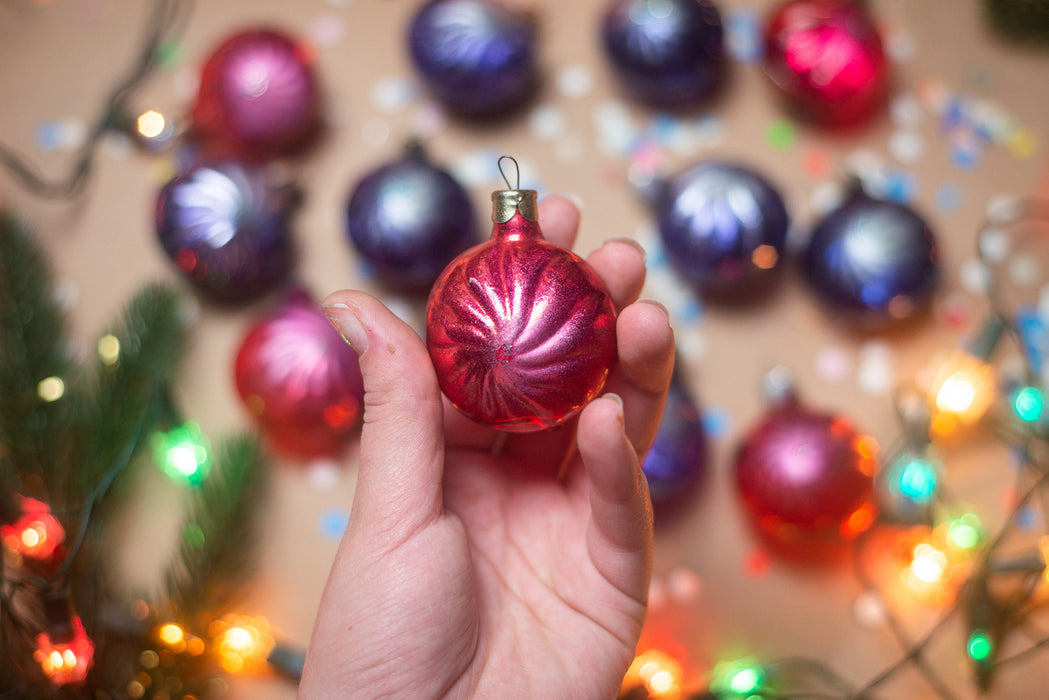Vintage Glass Christmas Ornaments, Purple Red Baubles