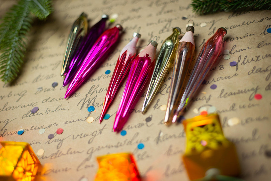 Vintage 1950s Glass Icicle Ornaments – Pink, Silver & Gold