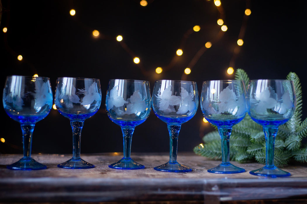 Vintage Blue Glass Drinkware Set with Pitcher, Wine Glasses, Water Tumblers & Candy Bowl, 1970s