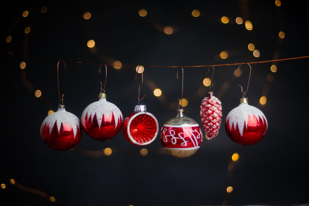 Vintage GDR Red and White Christmas Ornaments, Thin Glass Baubles & Pinecone 60s