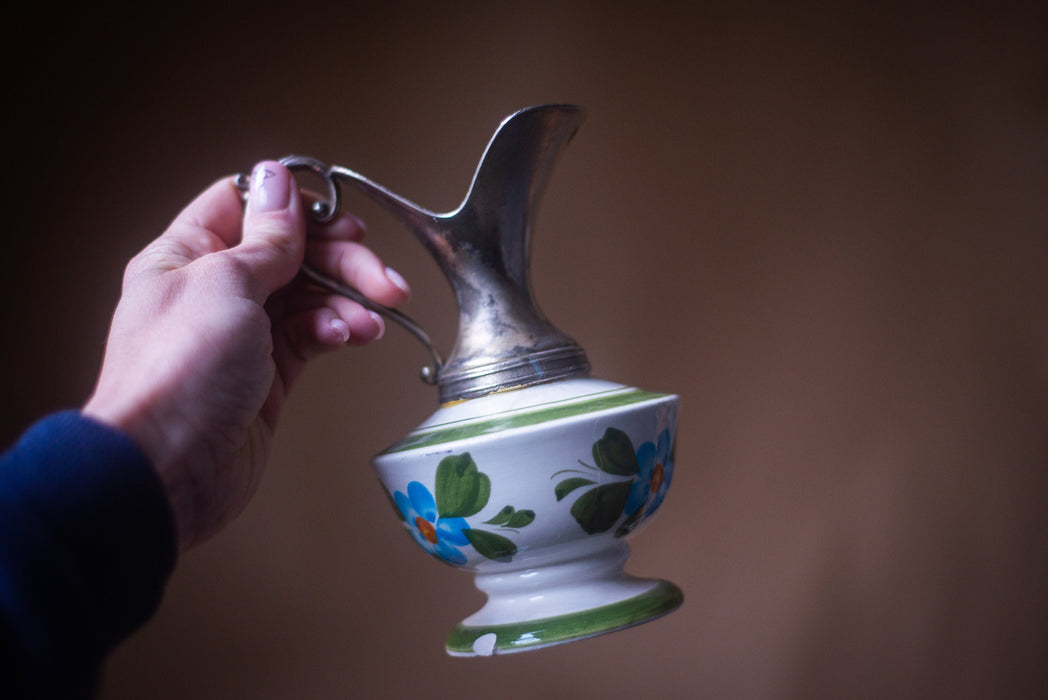Ceramic jug with metal top, hand-painted clay carafe, 1970s German pitcher, blue flower ornament, mother's day gift