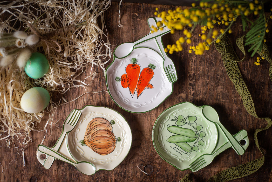 Vintage Ceramic Appetizer Plates – German Vegetable Motif Rustic Farmhouse Tableware