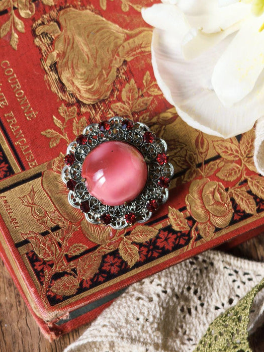 Vintage Pink Glass Brooch 1970s, Filigree Rhinestone Statement Pin