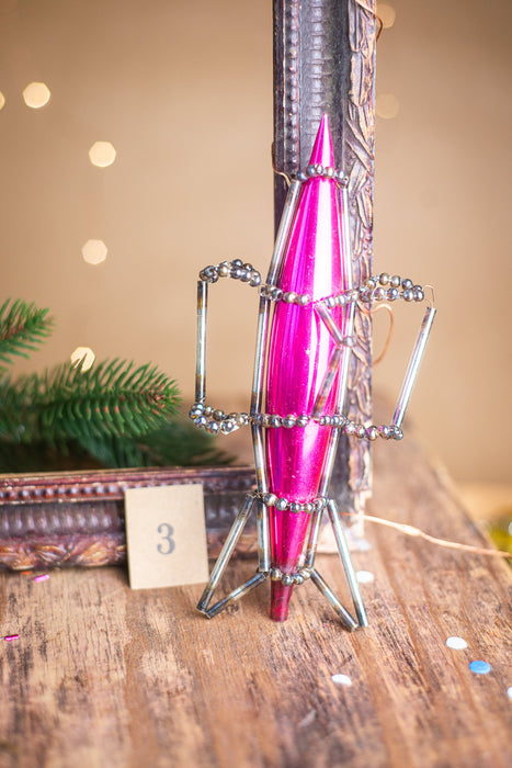 Vintage Rocket Ornament, Hot Pink 1950s Glass Beaded Montage