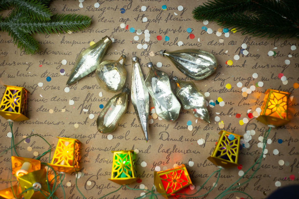 Vintage Pink Silver Glass Christmas Ornaments Set of 12, 1950s Mixed Baubles