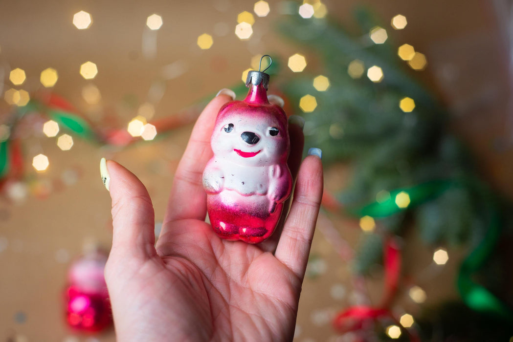 Vintage Pink Glass Bear Christmas Ornament, 1970s