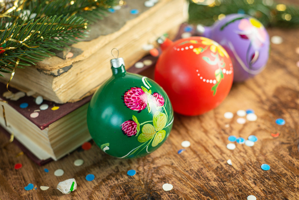 Vintage Glass Christmas Baubles, Hand Painted European