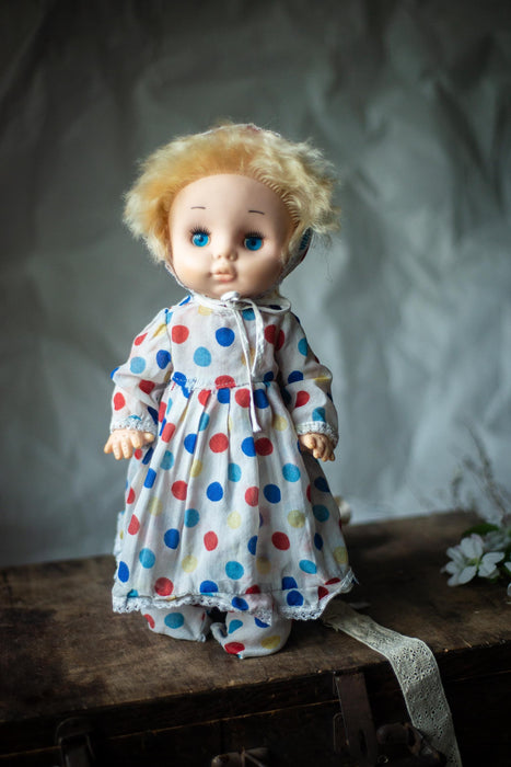 vintage 1970s german doll, Blue-Eyed Polka Dot Outfit Doll