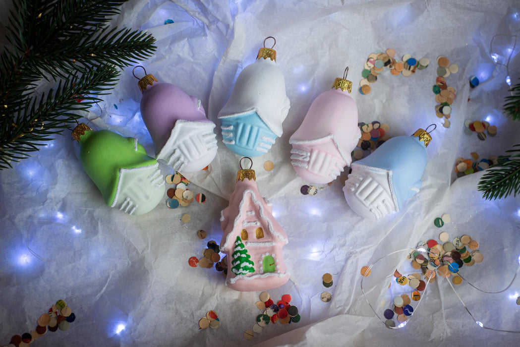 Glass houses Christmas ornaments, rustic candy pastel Xmas hanging decorations, Christmas gift
