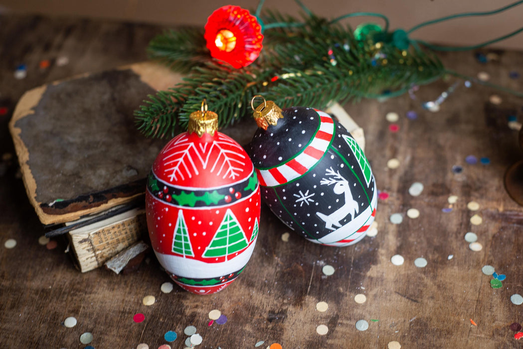 Scandinavian Christmas Ornaments Set, Hand Painted Glass Baubles, Nordic Holiday Decor