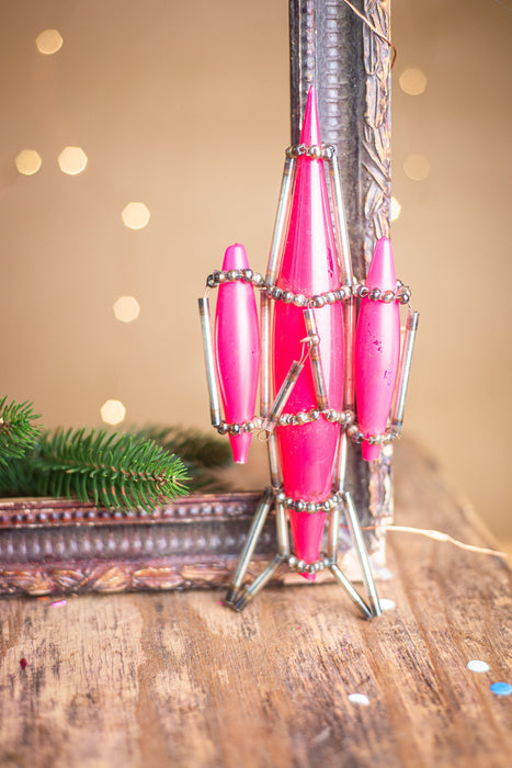 Vintage Rocket Ornament, Hot Pink 1950s Glass Beaded Montage