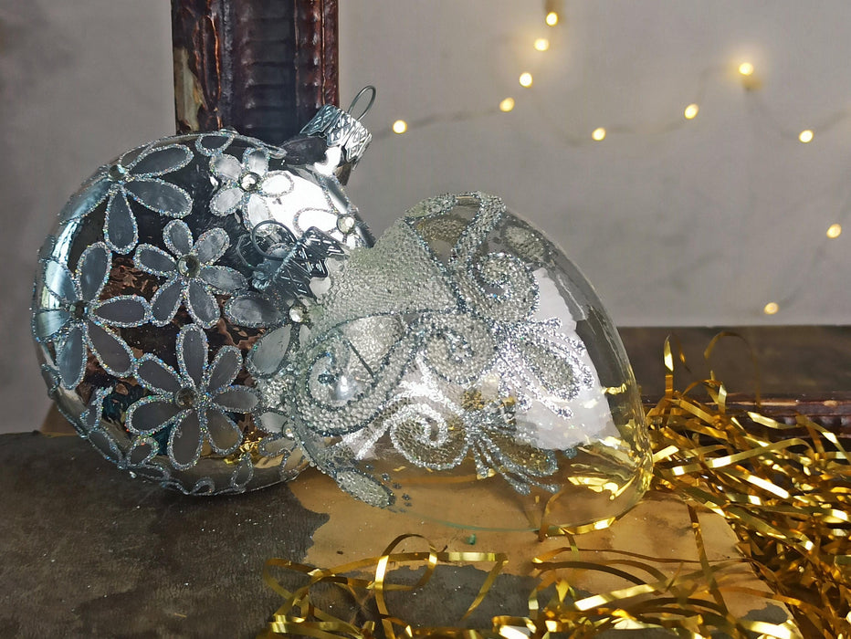 Hand Blown Glass Christmas Ornaments Set, Frosted Heart & Floral Disk Decor