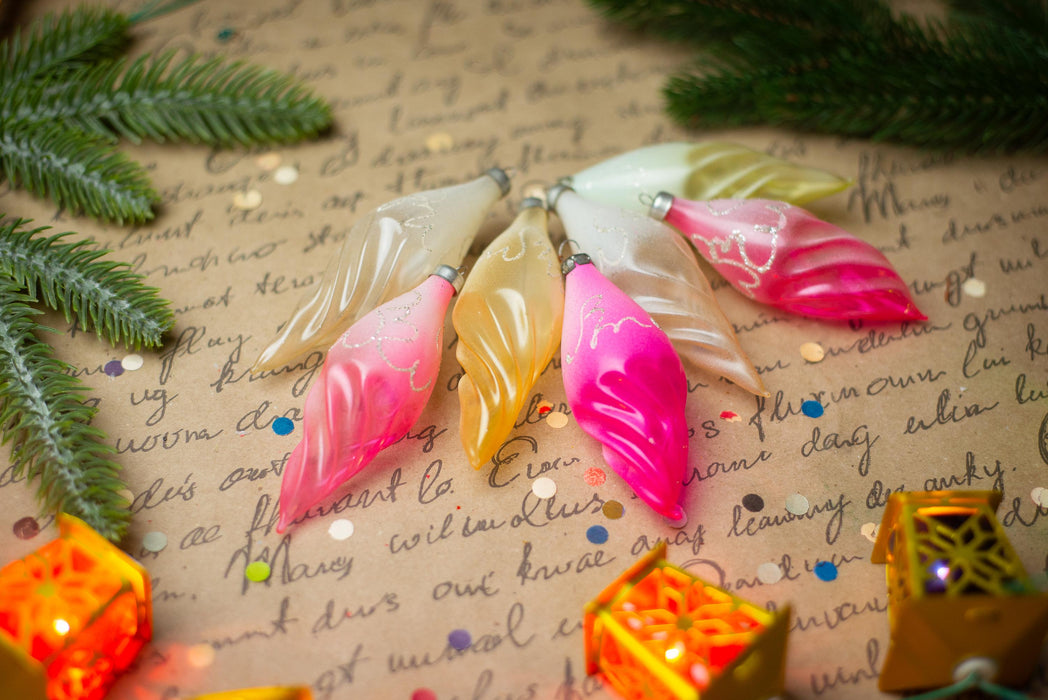 Candy Glass Icicle Christmas Ornaments, Vintage Set of 7