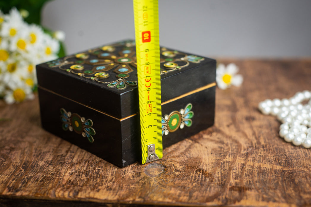 Vintage Wooden Trinket Box with Floral Enamel and Brass Inlay Jewelry Storage