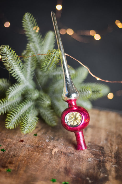 Vintage Silver & Orange Indent Glass Tree Topper – 1960s