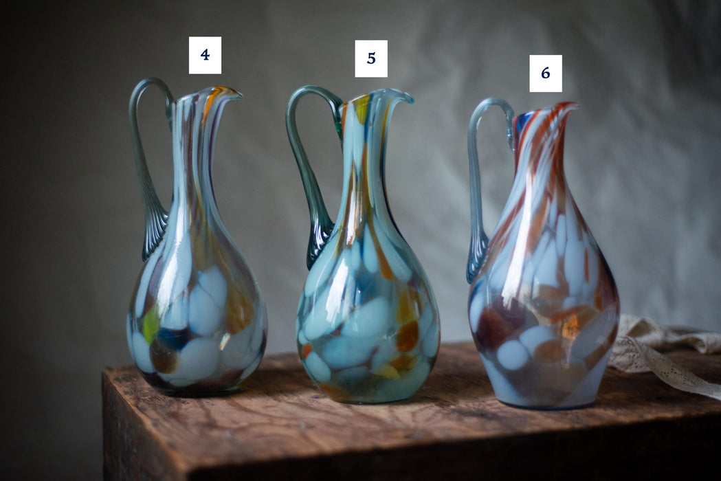 Murano Style Vintage Pitcher, Mid Century Art Glass Jug, Hand Blown Water or Wine Decanter