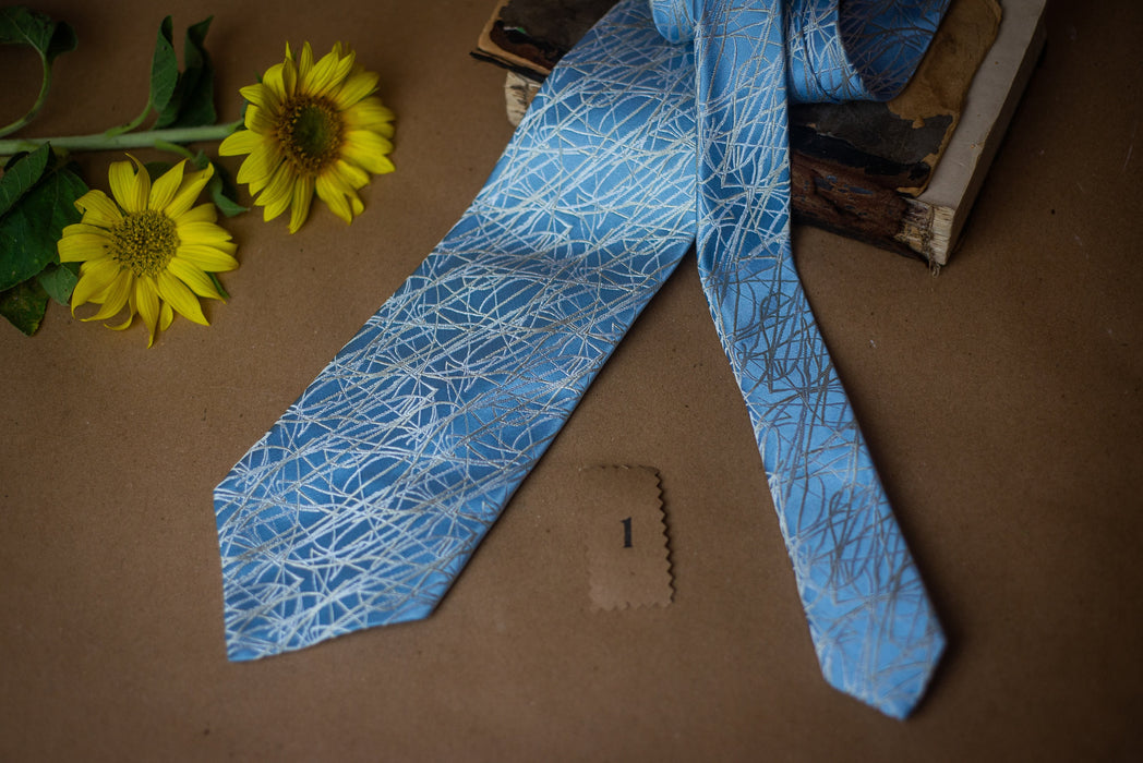Vintage Silk Necktie – Blue Wedding Tie With Abstract Design For Groomsmen