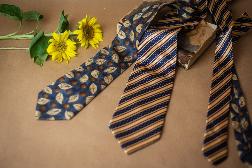 Men's Silk Tie - Vintage Striped Leaf Print Necktie | Luxury Groom Tie