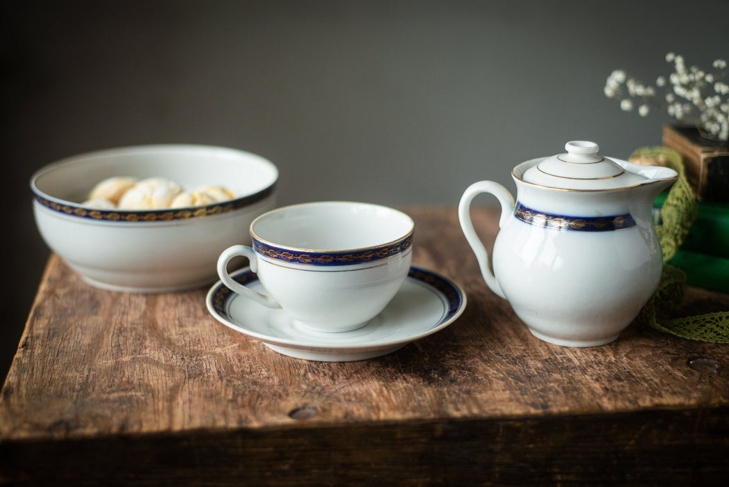 Vintage Porcelain Tea Set with Cobalt Band, 1960s Soviet China Tea for One