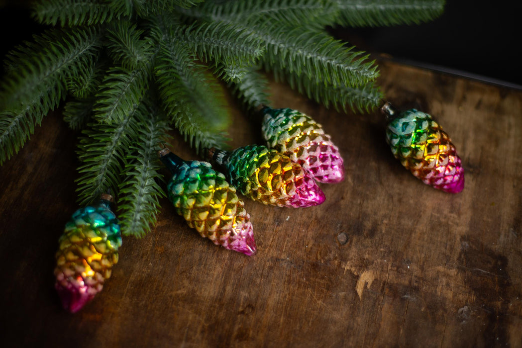 Vintage Rainbow Pine Cone Ornaments, GDR 1960s Thin Glass Set