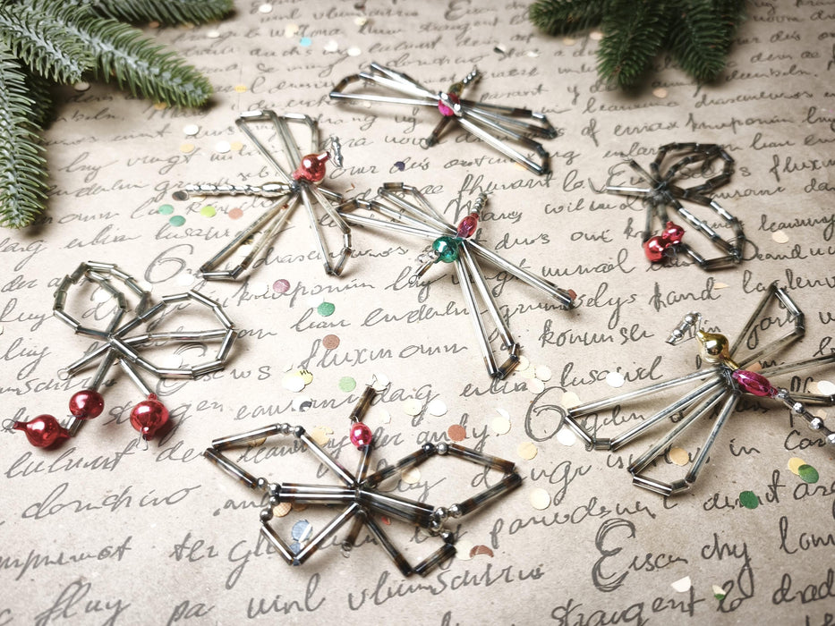 Vintage Glass Butterfly Ornament, 1950s-60s Beaded Montage, 10 Cm