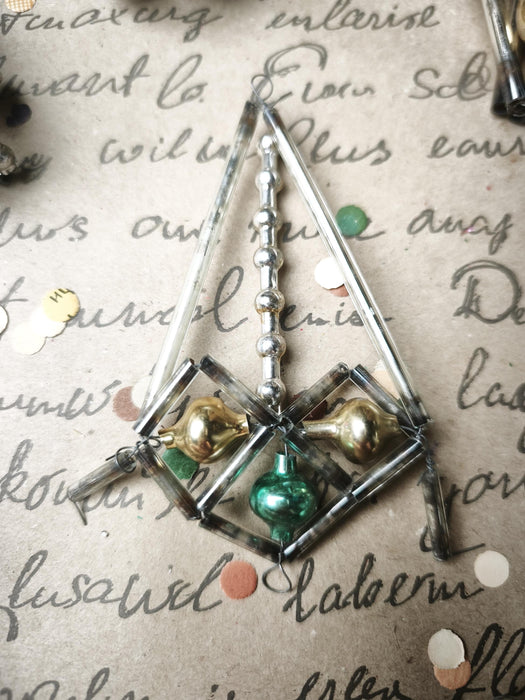 Vintage Glass Christmas Ornaments, Silver Green Montage Set, 7 Pc