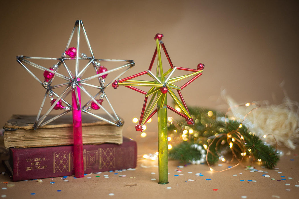 Vintage Beaded Glass Star Tree Topper – Pink & Silver