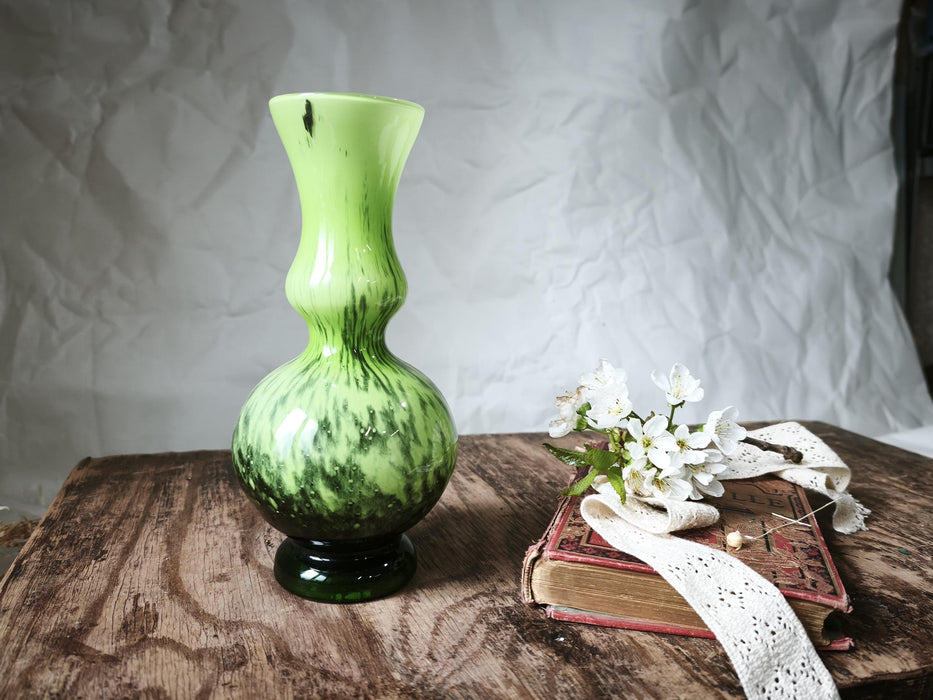 Green Glass Vase Murano Style, Mid Century Retro Aesthetic Decor