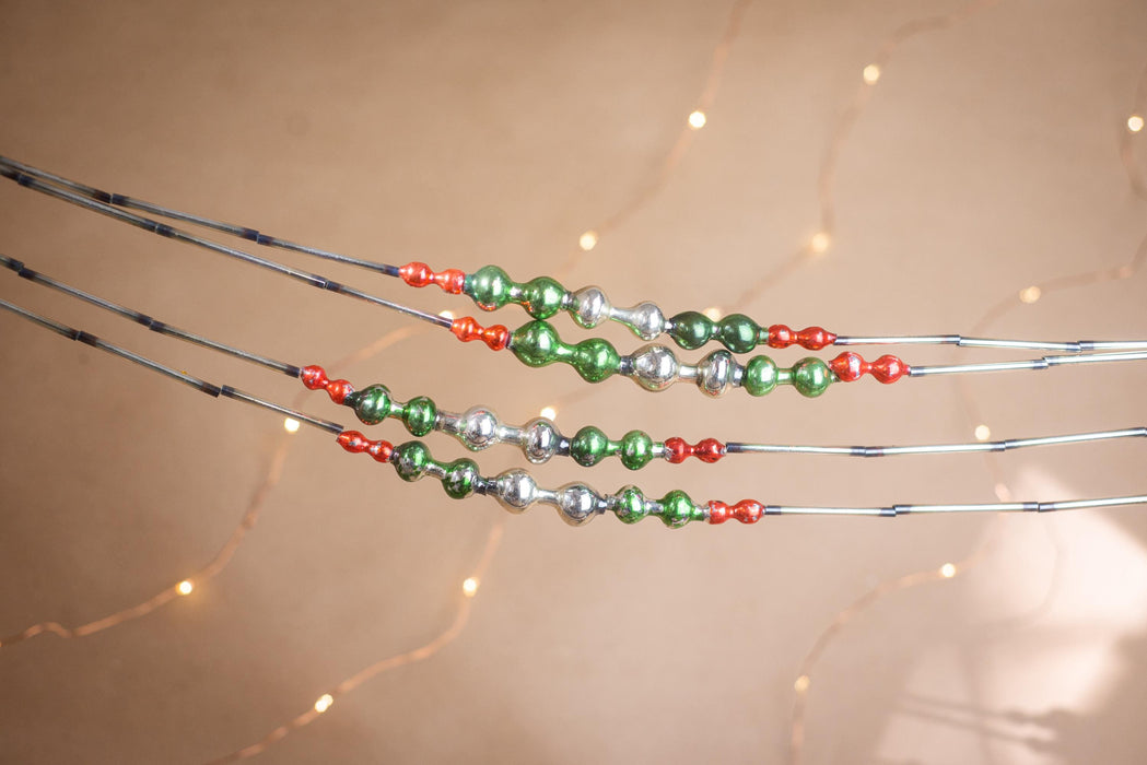 Vintage Glass Bead Christmas Garland, Green Silver Red Bugle Beads, 1970s