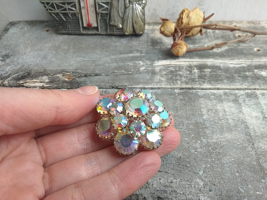 Vintage Rhinestone Flower Brooch, Round Sparkling Pin 1970s Jewelry