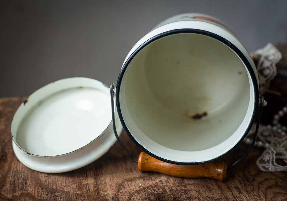 Vintage Enamel Milk Canister | 23.5 cm (9.25 in) Tall, White Red Floral +Lid