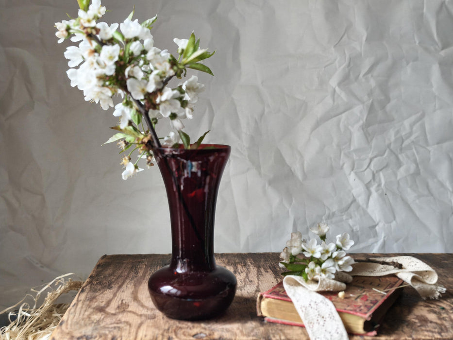 Wine Red Glass Vase Mid Century, Retro Bud Vase Aesthetic Decor