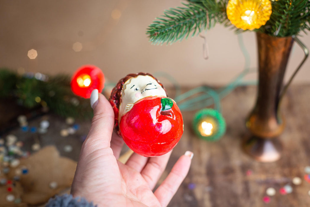 Vintage Glass Hedgehog Ornament with Apple, Woodland