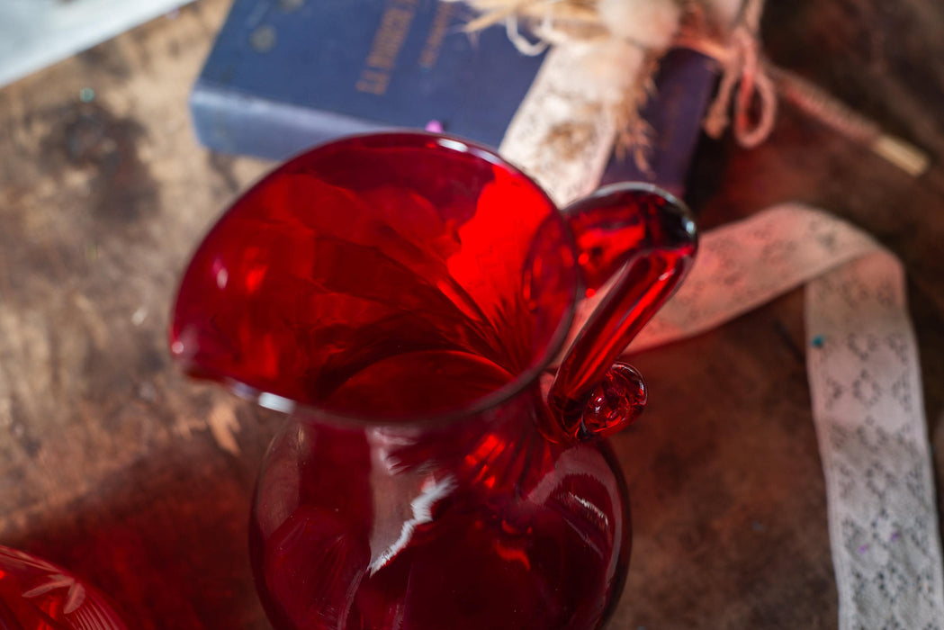 Vintage Ruby Red Glass Pitcher, Czech Crystal Hand Cut Mid Century Water Jug