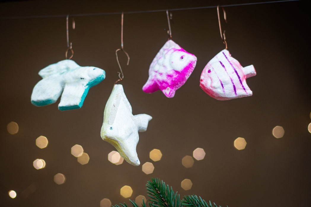 Vintage Fish Christmas Ornaments, Styrofoam Xmas Tree
