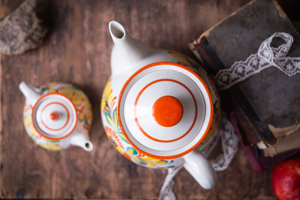 Vintage Ceramic Teapot Set with Petrikivka Flowers, Hand Painted Folk Art Tea Duo
