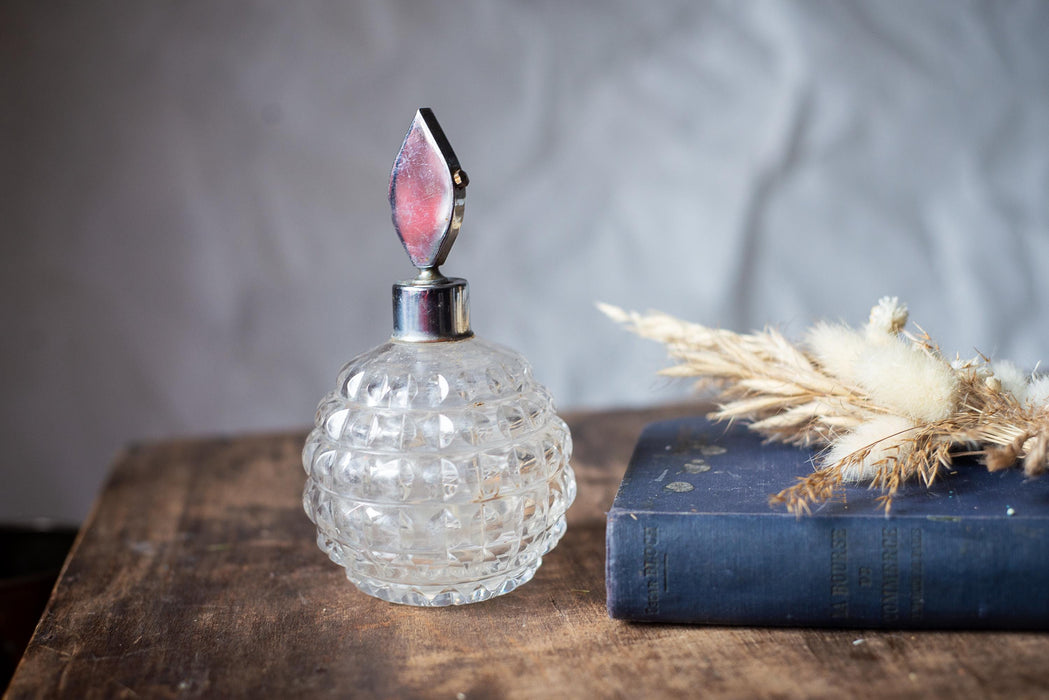 Vintage Glass Perfume Bottle, Textured Vanity Scent Decanter with Metal Stopper